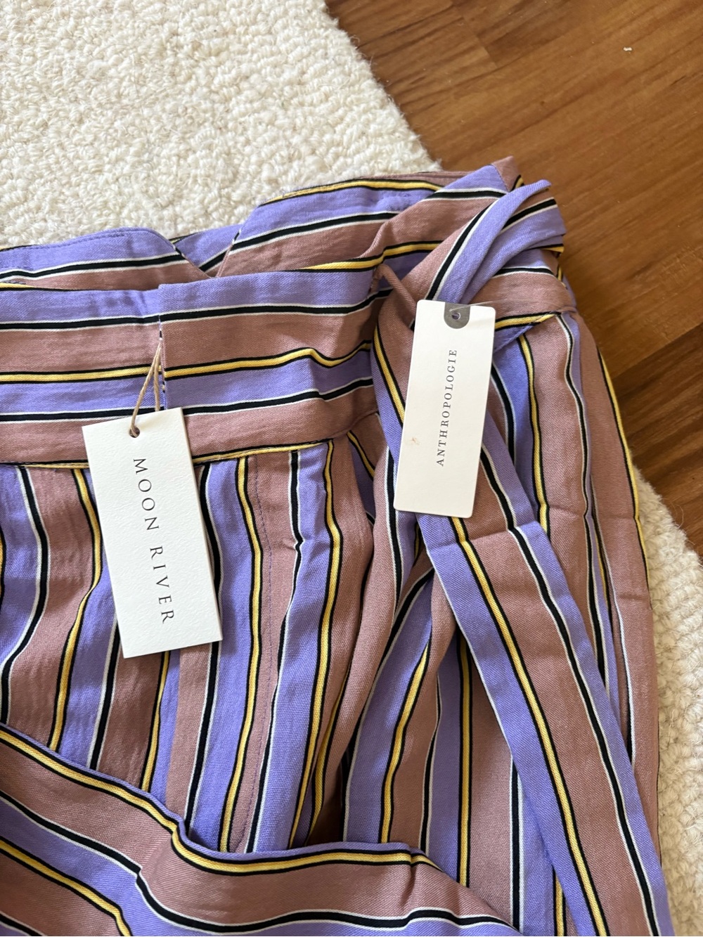 Anthropologie Striped Wide-Leg Tie-Waist Pants in Lavender and Tan - Picture 2 of 3